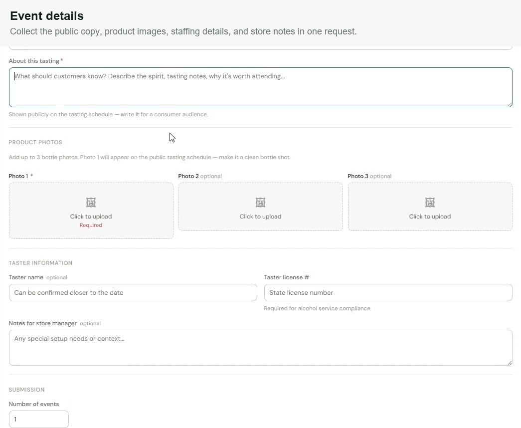 Flight new request form with brand, product, event description, product photos, and taster information.
